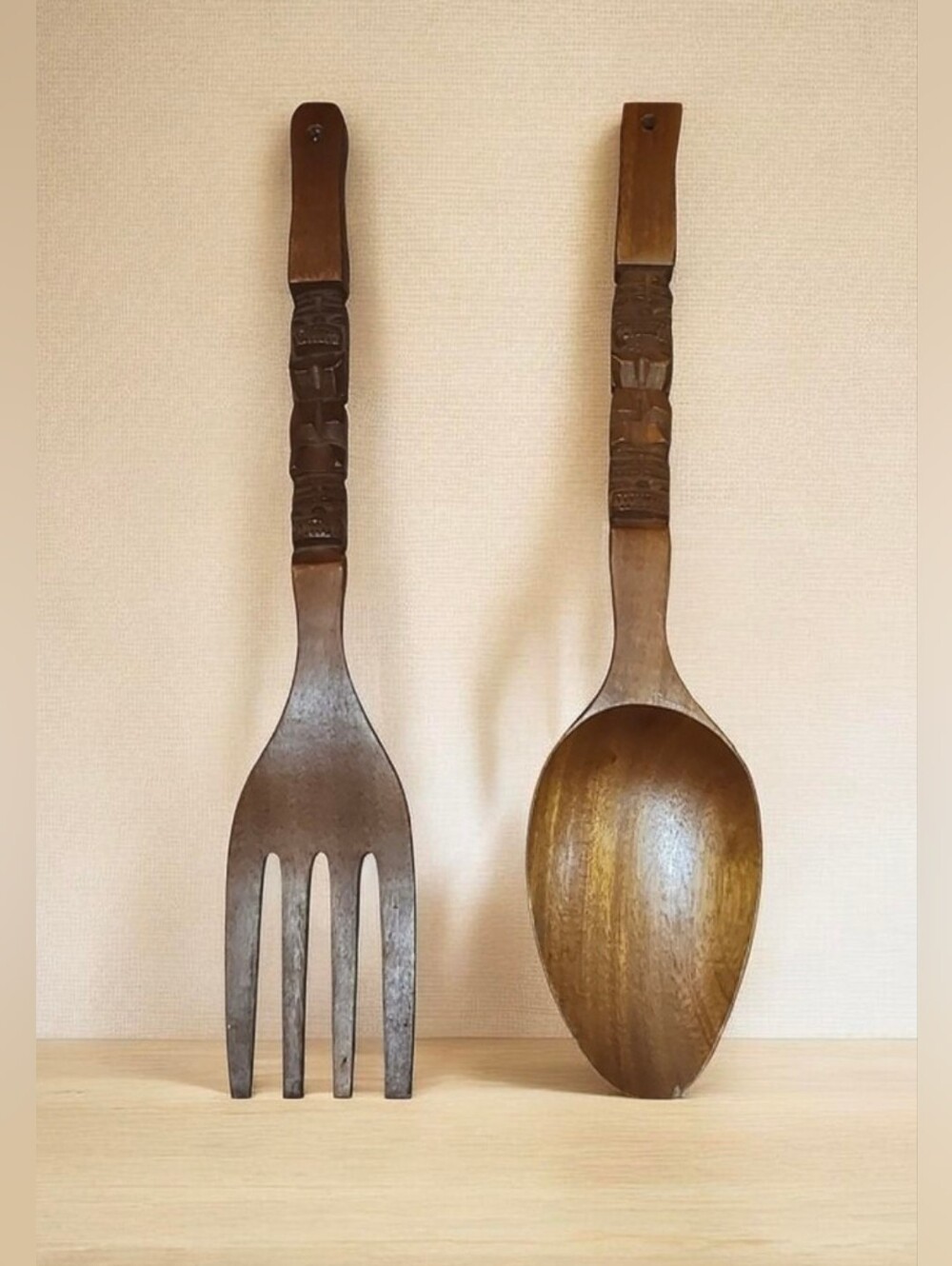 Vintage Large  Hand-Carved Wooden Salad Serving Set - Brown Wall Decor